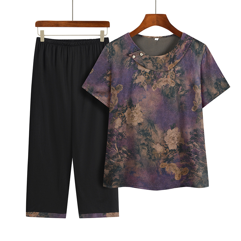 Middle-aged and elderly mothers short sleeve set (XL-4XL size 7 color) [Please contact customer service to confirm the shipping size after placing an order]