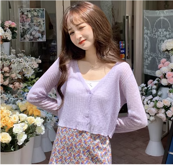 Thin V-Neck Knit Cardigan Women's Cropped (Purple) (Size: One Size)
