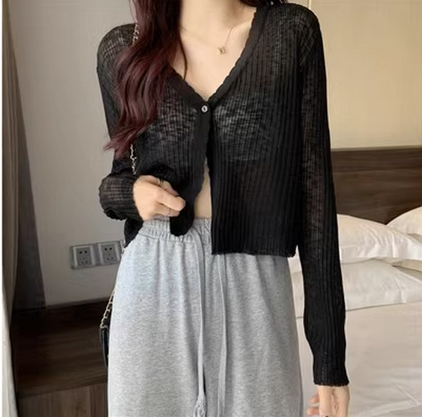 Thin V-Neck Knit Cardigan Women's Cropped (Black) (Size: One Size)