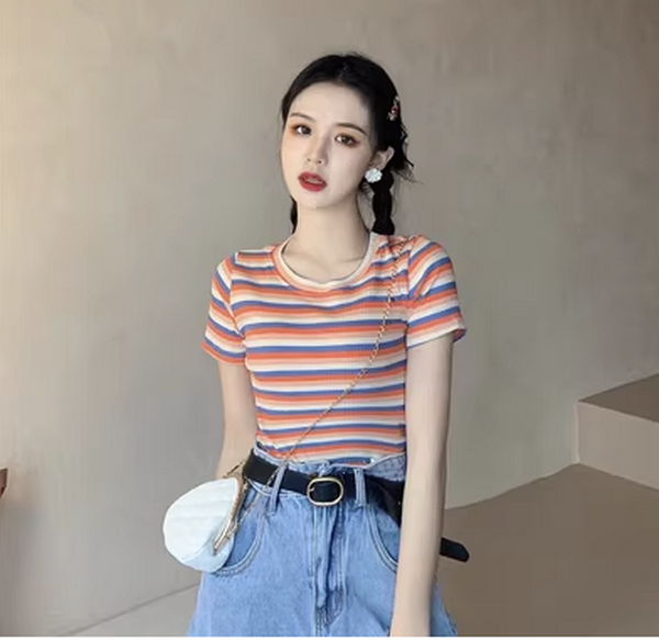 Slim Spring Cropped T-Shirt (Orange & Blue Stripes) (Size: One Size)