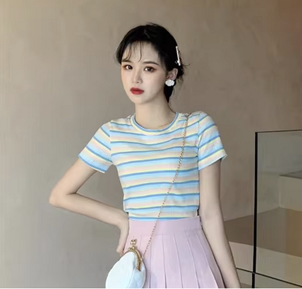 Slim Spring Cropped T-Shirt with Blue & Yellow Stripes (Size: One-Size)