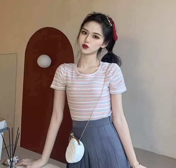 Slim Spring Cropped T-Shirt (Gray Pink Stripes) (Size: One Size)