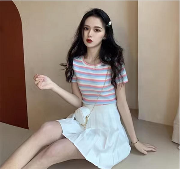 Slim Spring Cropped T-Shirt (Powder Blue Stripes) (Size: One Size)