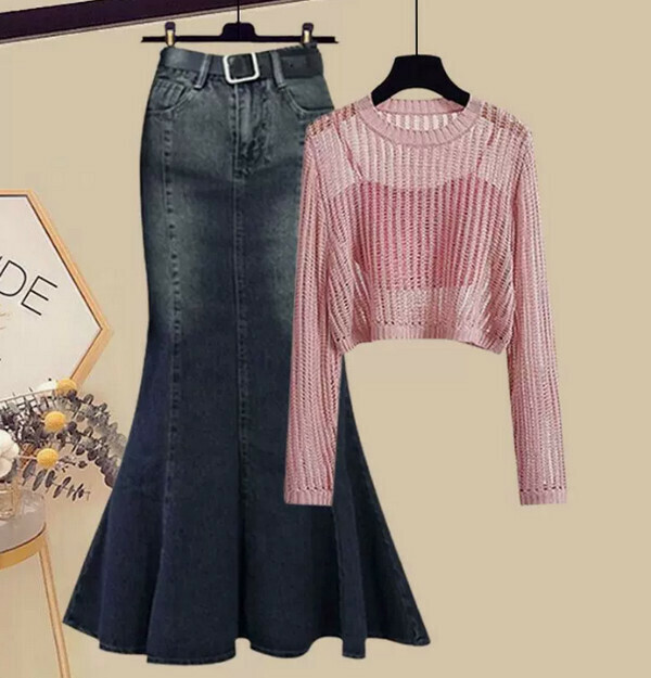 Cut-out knit sweater + suspenders + denim fishtail skirt three-piece set (pink/blue) (M-4XL) (Contact customer service to confirm size after placing an order) 