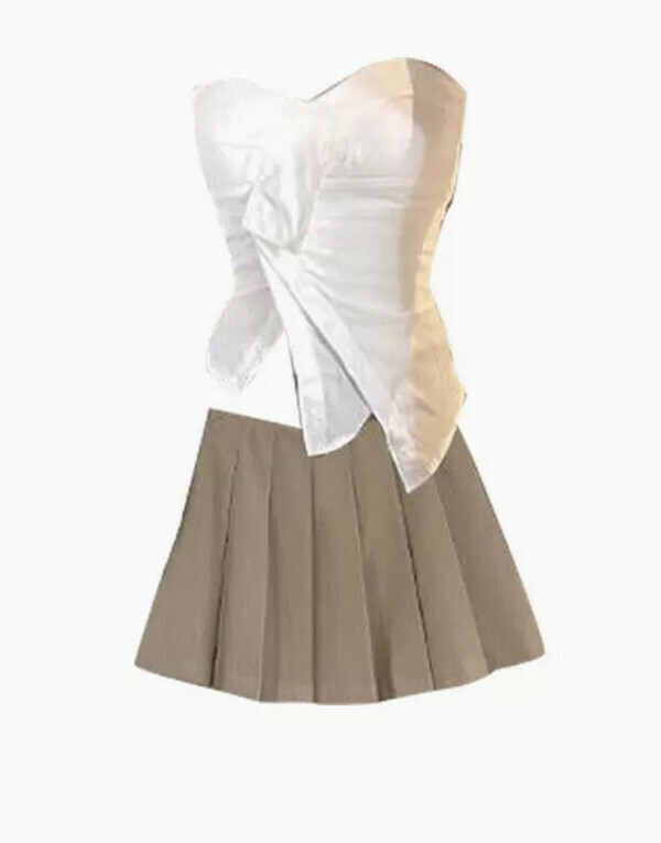 Sweet and spicy two-piece set - white top + coffee pleated skirt (M-4XL size) (contact customer service to confirm the size after placing an order) 