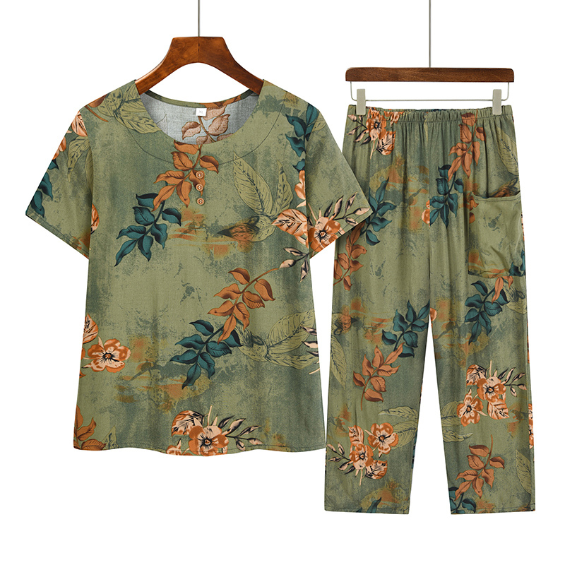 Middle-aged and elderly mothers short sleeve set (XL-4XL size 3 color) [Please contact customer service to confirm the shipping size after placing an order]
