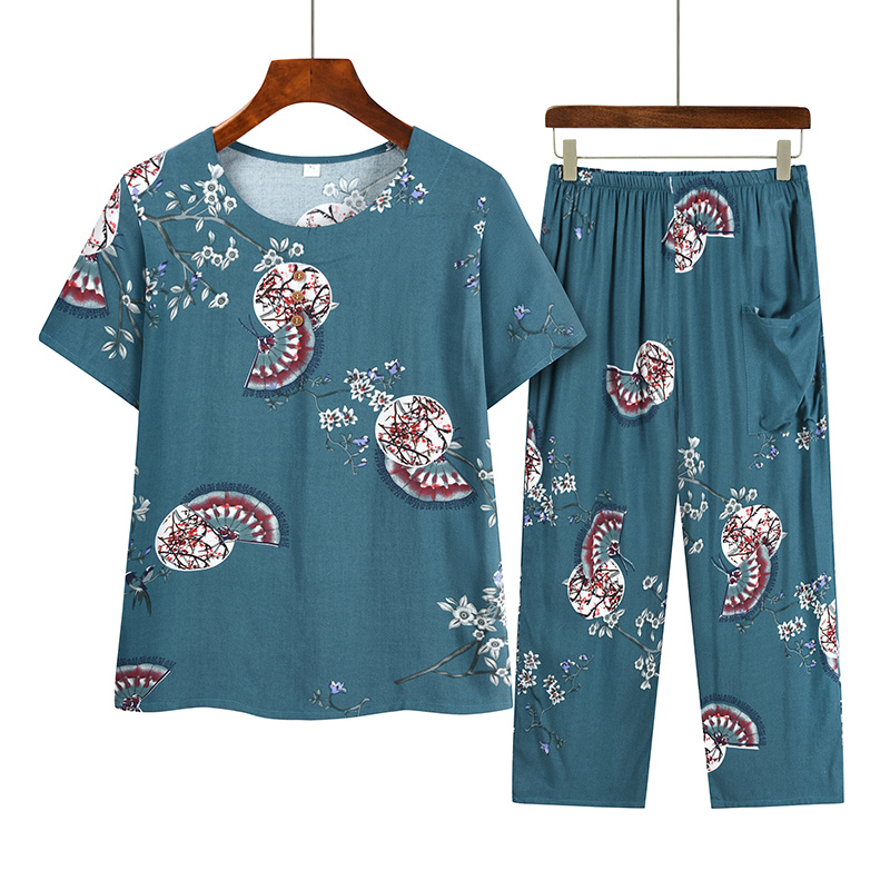 Middle-aged and elderly mom short sleeve suit (XL-4XL size 4 color) [Please contact customer service to confirm the shipping size after placing an order]