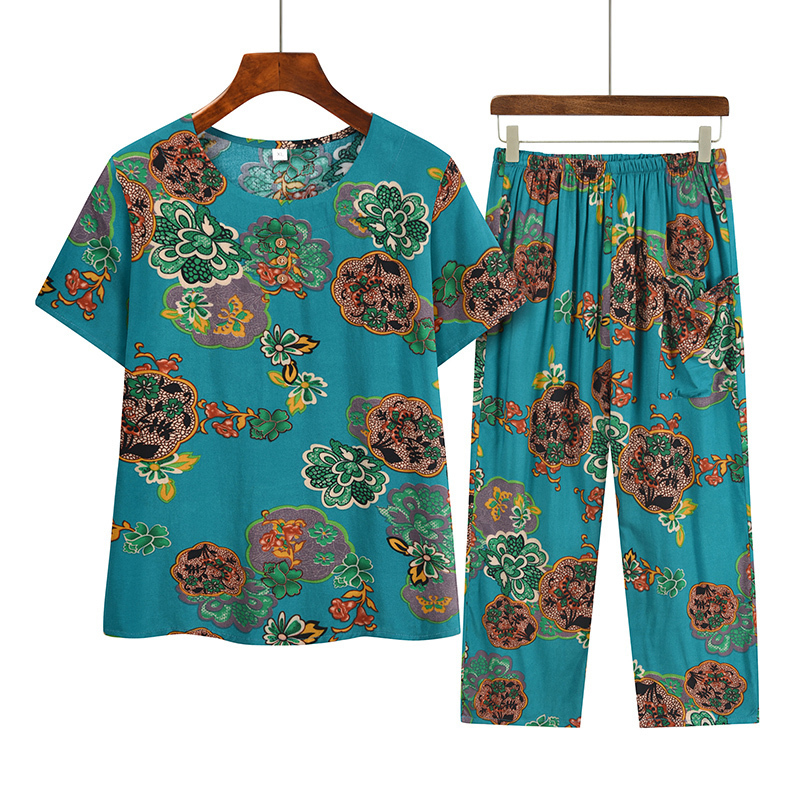 Middle-aged and elderly mom short sleeve set (XL-4XL size 6 color) [After placing an order, please contact customer service to confirm the shipping size]