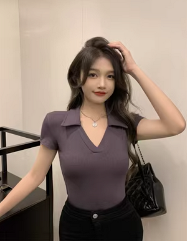Pure Slim V-Neck Skinny Short Sleeve Knit Shoulder T-Shirt (Dark Gray) (Size: S-XL (Contact Customer Service to Confirm Shipping Size after Placing an Order))