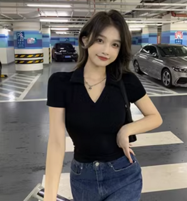 Pure Slim V-Neck Skinny Short Sleeve Knit Shoulder T-Shirt (Black) (Size: S-XL (Contact Customer Service to Confirm Shipping Size After Placing an Order))