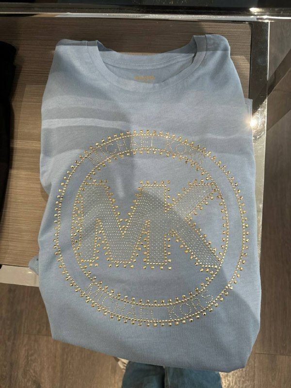 [S] MICHAEL KORS BIG ROUND MK LOGO BLING BLING T-SHIRT,CHAMBRAY, JS451DC97J-CHAMBRAY (SMK928)