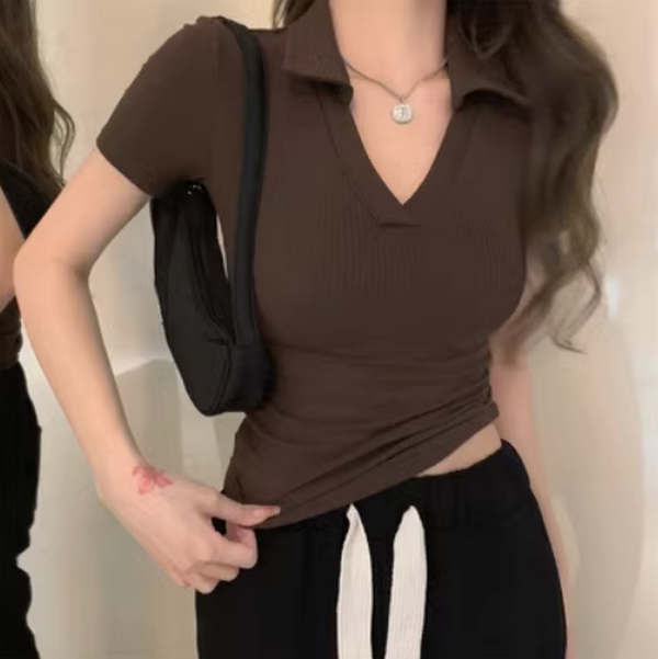 Pure Slim V-Neck Skinny Short Sleeve Knitted Shoulder T-Shirt (Coffee Color) (Size: S-XL (Contact customer service to confirm the shipping size after placing an order))