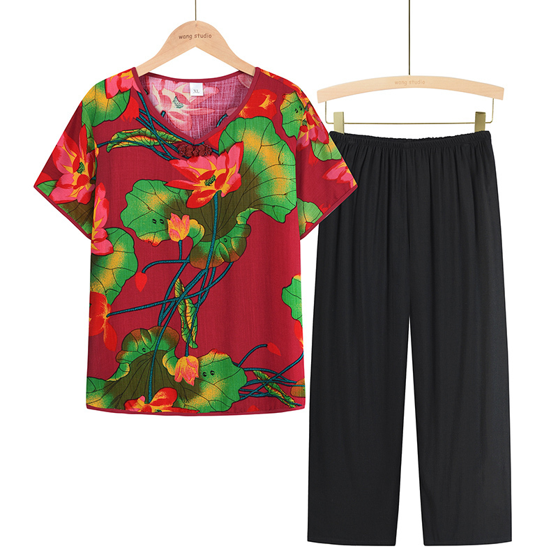 Middle-aged and elderly mom short sleeve set (XL-4XL size 1 color) [After placing an order, please contact customer service to confirm the shipping size]