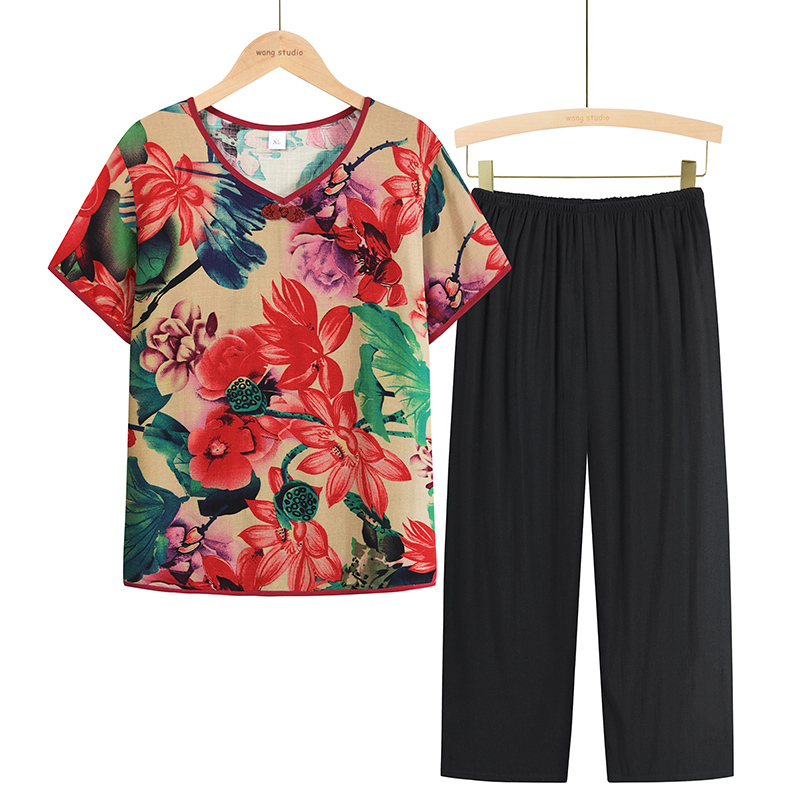 Middle-aged and elderly mom short-sleeved suit (XL-4XL size 2 color) [Please contact customer service to confirm the shipping size after placing an order]