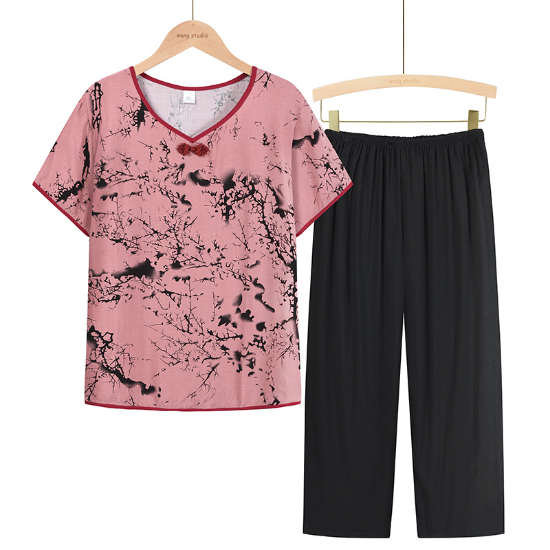 Middle-aged and elderly mothers short sleeve set (XL-4XL size 3 color) [Please contact customer service to confirm the shipping size after placing an order]
