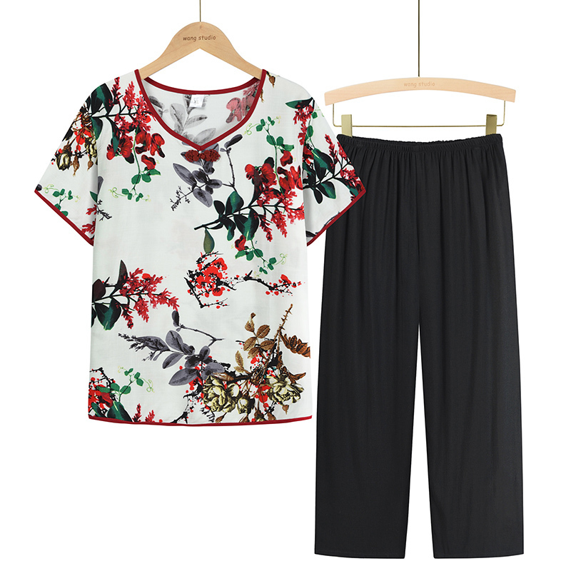 Middle-aged and elderly mom short sleeve suit (XL-4XL size 4 color) [Please contact customer service to confirm the shipping size after placing an order]