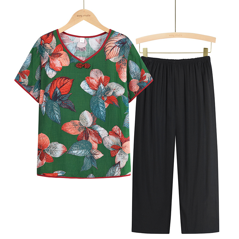 Middle-aged and elderly mom short-sleeved suit (XL-4XL size 5 color) [After placing an order, please contact customer service to confirm the shipping size]
