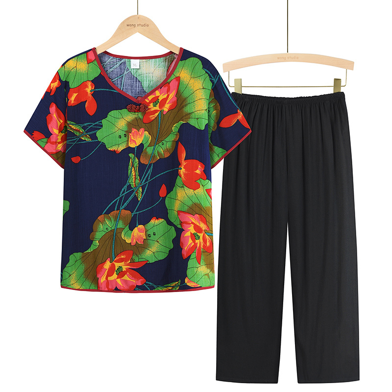 Middle-aged and elderly mom short sleeve set (XL-4XL size 6 color) [After placing an order, please contact customer service to confirm the shipping size]
