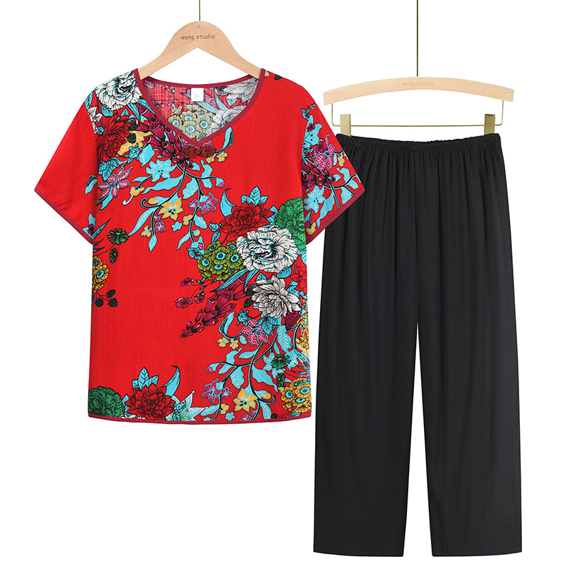 Middle-aged and elderly mothers short sleeve set (XL-4XL size 7 color) [Please contact customer service to confirm the shipping size after placing an order]