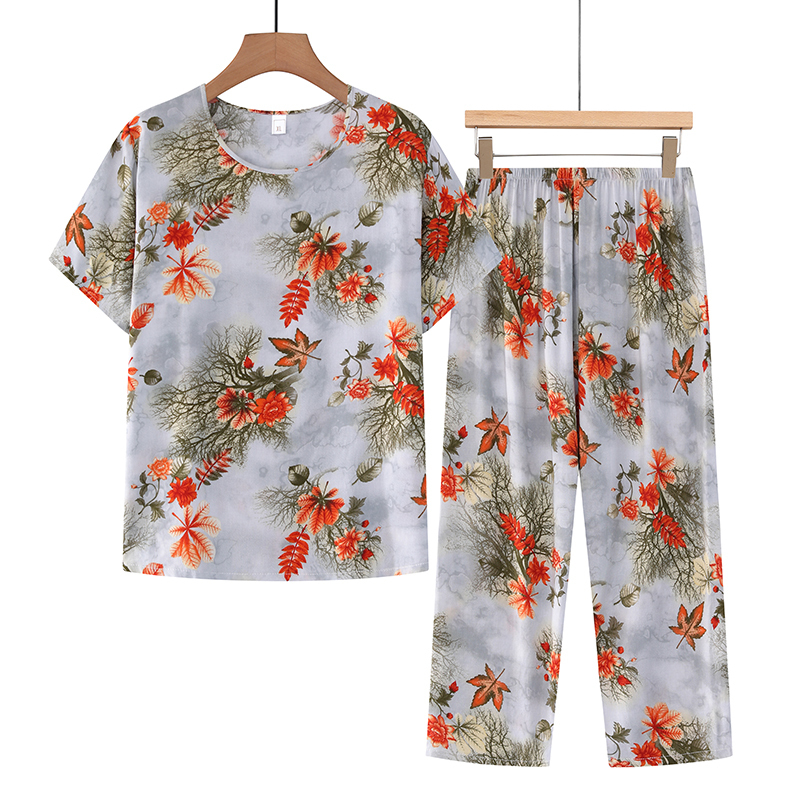 Middle-aged and elderly mothers short sleeve set (XL-4XL white maple leaf) [After placing an order, please contact customer service to confirm the shipping size]