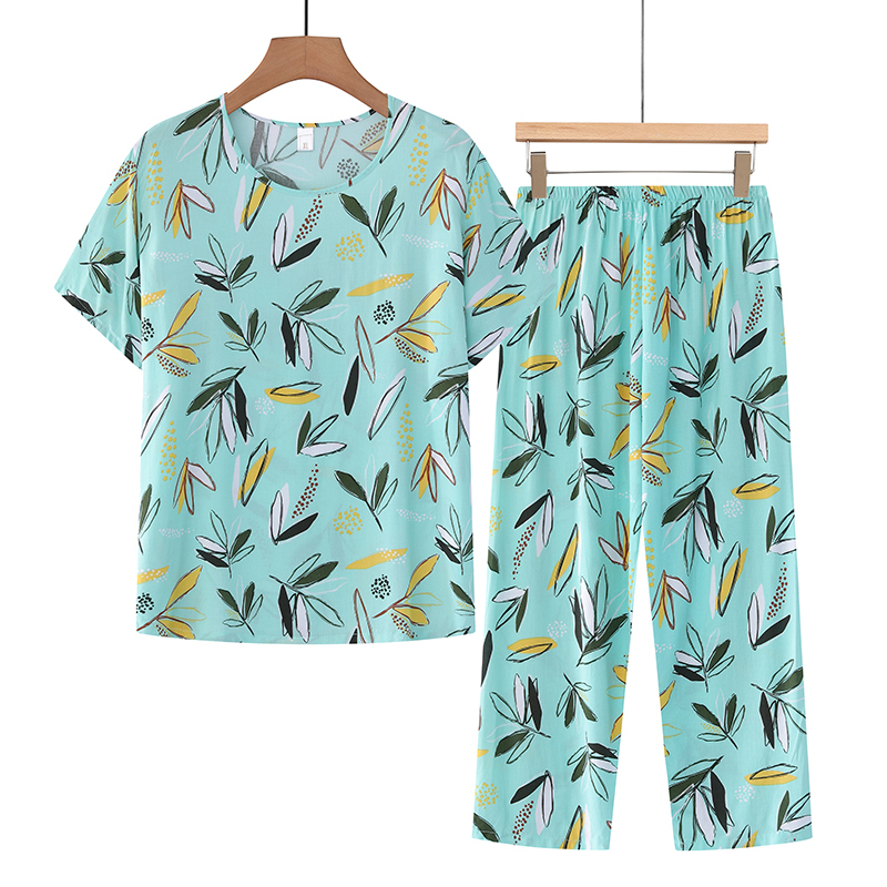 Middle-aged and elderly mother's short-sleeved set (XL-4XL size emerald green leaves) [After placing an order, please contact customer service to confirm the shipping size]