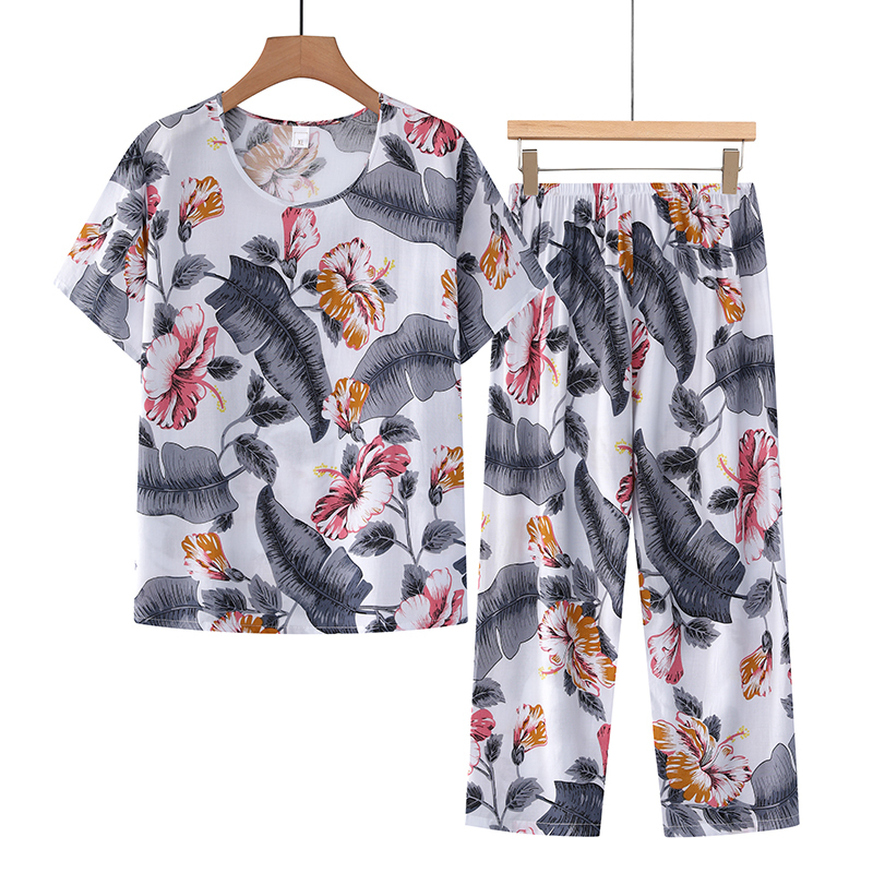 Middle-aged and elderly mothers short sleeve set (XL-4XL size ink plantain) [After placing an order, please contact customer service to confirm the shipping size]