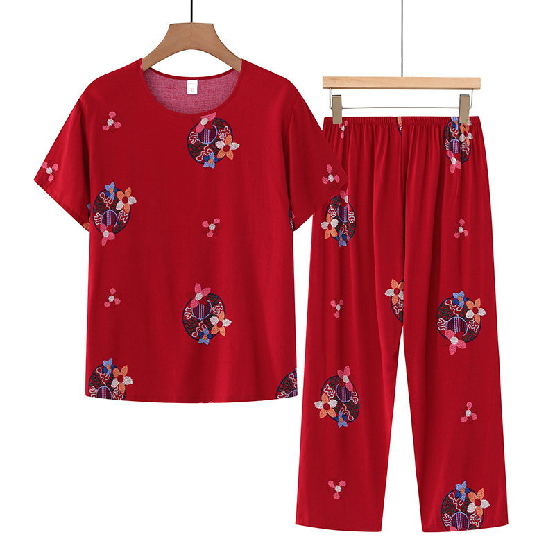 Middle-aged and elderly mothers short sleeve suit (XL-4XL size red floret) [Please contact customer service to confirm the shipping size after placing an order]
