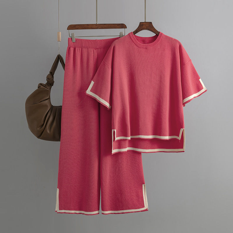 Temperament slit short sleeve knit suit (one-size-fits-all top + pants rose red)