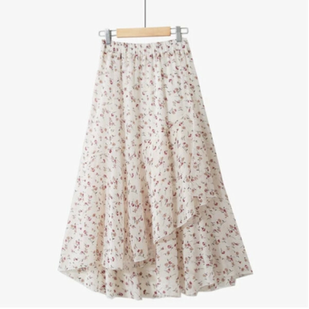 Irregular chiffon floral skirt [apricot floral - one-size-piece tight waist]