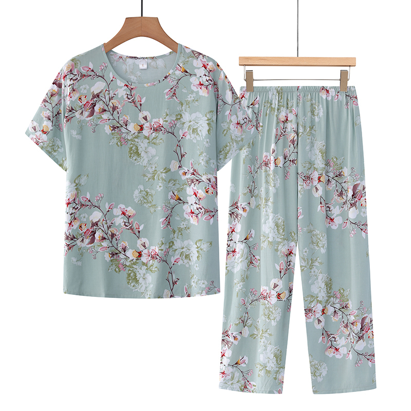 Middle-aged and elderly mothers short sleeve set (XL-4XL light green plum blossom) [After placing an order, please contact customer service to confirm the shipping size]