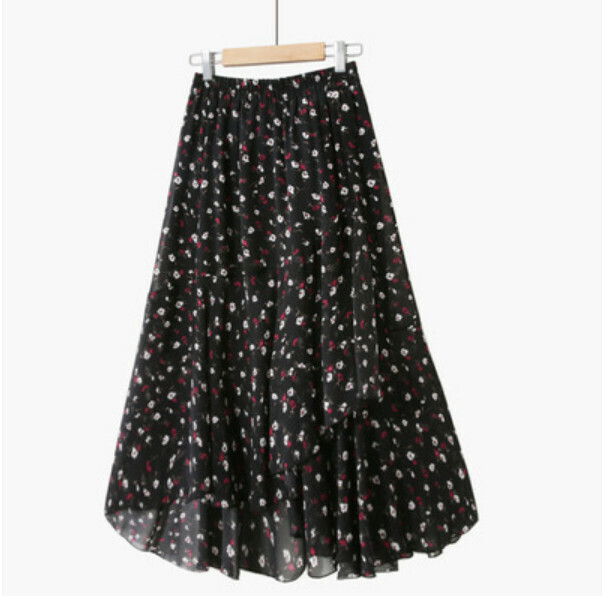 Irregular chiffon floral skirt [black floral-one-size-fits-all tight waist]