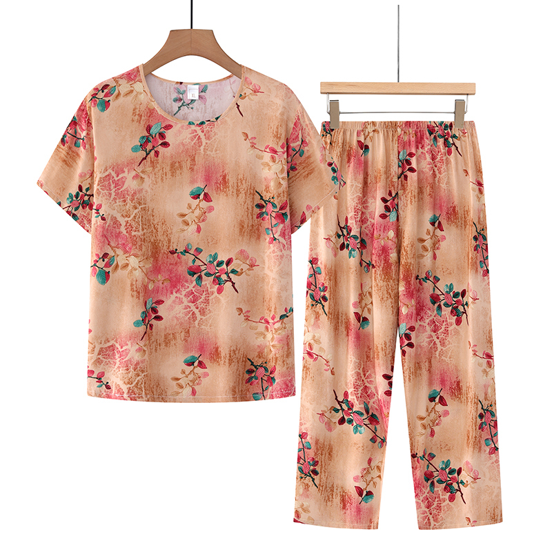 Middle-aged and elderly mothers short sleeve set (XL-4XL size goose yellow floret) [After placing an order, please contact customer service to confirm the shipping size]
