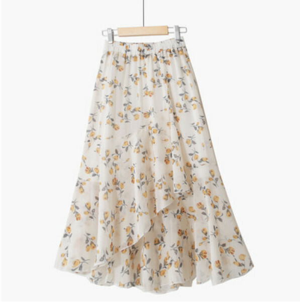 Irregular chiffon floral skirt [apricot yellow flower-one-size Song tight waist]