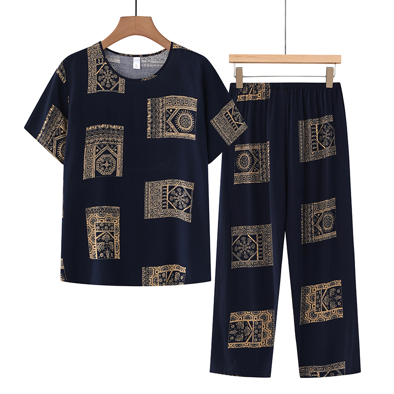 Middle-aged and elderly mothers short sleeve set (XL-4XL black pattern) [After placing an order, please contact customer service to confirm the shipping size]