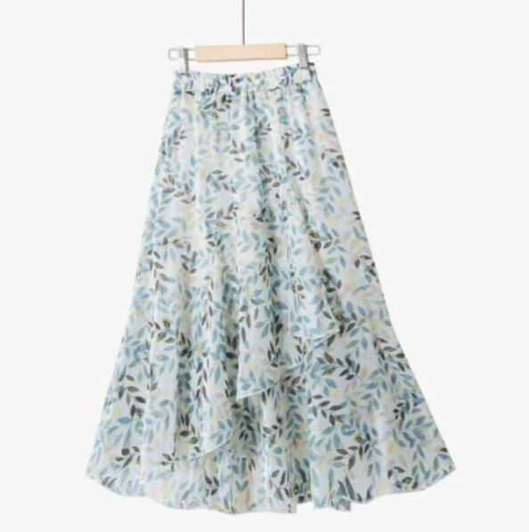 Irregular chiffon floral skirt [small green leaf-one-size Song tight waist]