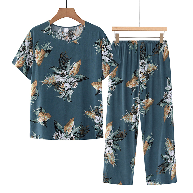 Middle-aged and elderly mothers short-sleeved suit (XL-4XL size dark green big flower) [After placing an order, please contact customer service to confirm the shipping size]