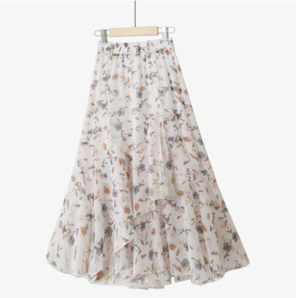 Irregular chiffon floral skirt [beige ink orchid-one-size song tight waist]