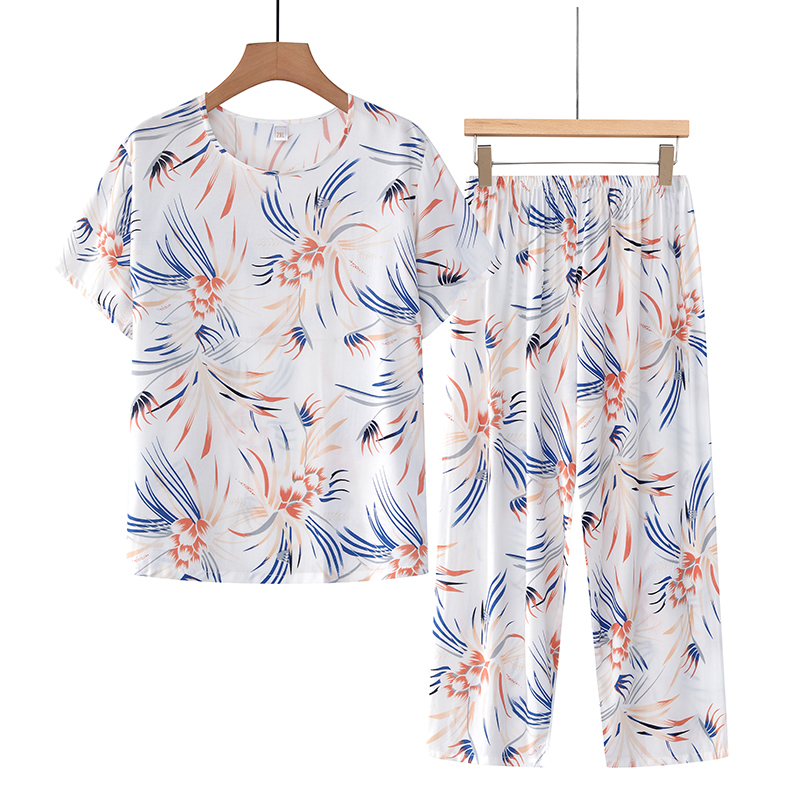 Middle-aged and elderly mothers short sleeve set (XL-4XL size white large flower) [After placing an order, please contact customer service to confirm the shipping size]