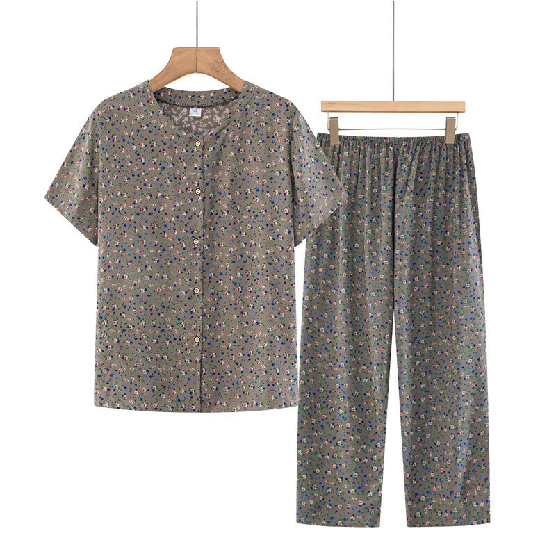 Middle-aged and elderly mothers short sleeve set (XL-4XL size dark gray flowers) [After placing an order, please contact customer service to confirm the shipping size]