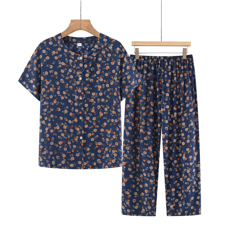 Middle-aged and elderly mothers short sleeve set (XL-4XL size royal blue yellow flower) [After placing an order, please contact customer service to confirm the shipping size]