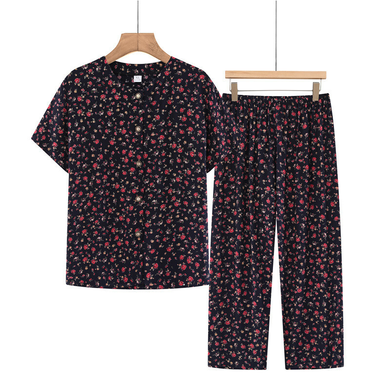 Middle-aged and elderly mom short-sleeved suit (XL-4XL black safflower) [After placing an order, please contact customer service to confirm the shipping size]
