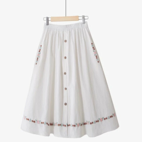 Single-breasted cotton and linen skirt (white【small flower embroidery pocket】1719# one-size-fits-all elasticated waist)