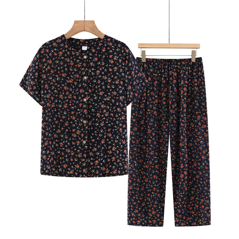 Middle-aged and elderly mothers short sleeve suit (XL-4XL size black yellow flower) [After placing an order, please contact customer service to confirm the shipping size]