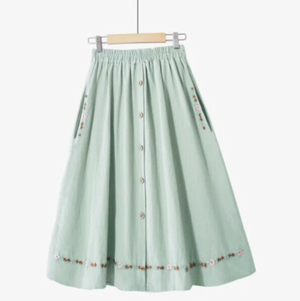 Single-breasted cotton and linen skirt (green [small flower embroidery pocket] 1719# one-size-fits-all elasticated waist)