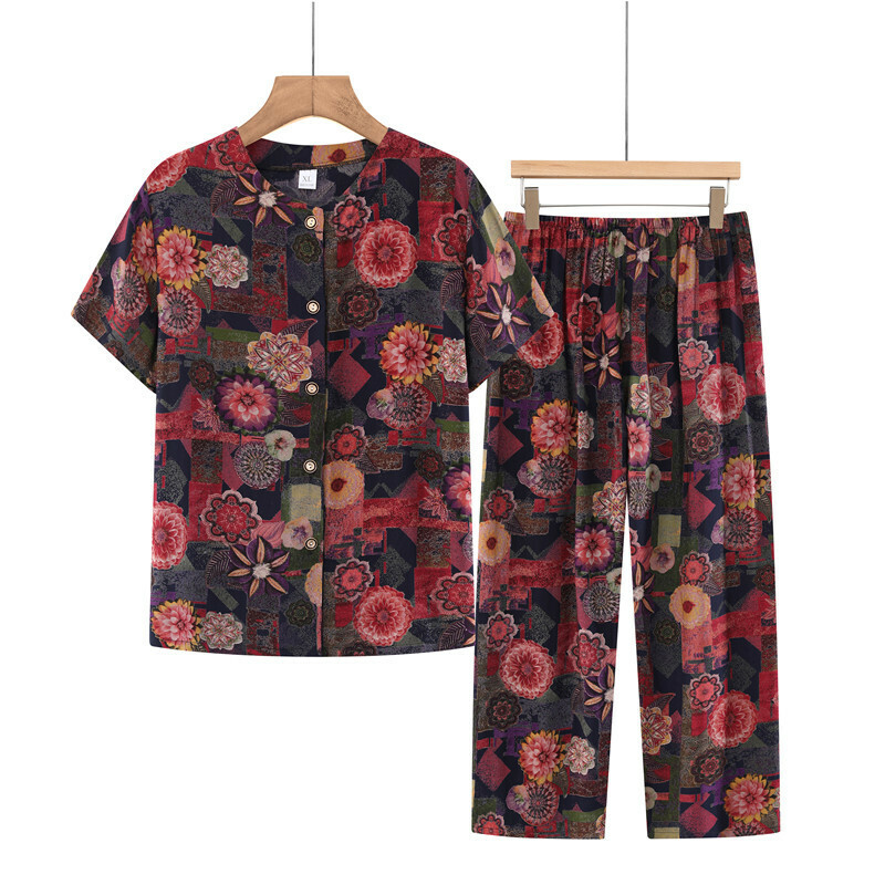 Middle-aged and elderly mothers short sleeve suit (XL-4XL size red flowers) [Please contact customer service to confirm the shipping size after placing an order]
