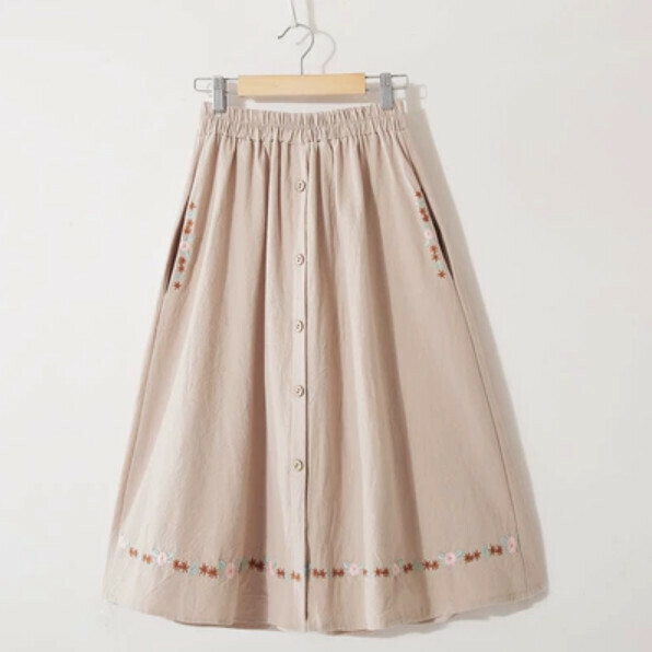 Single-breasted cotton and linen skirt (apricot [small flower embroidery pocket] 1719# average size elasticated waist)
