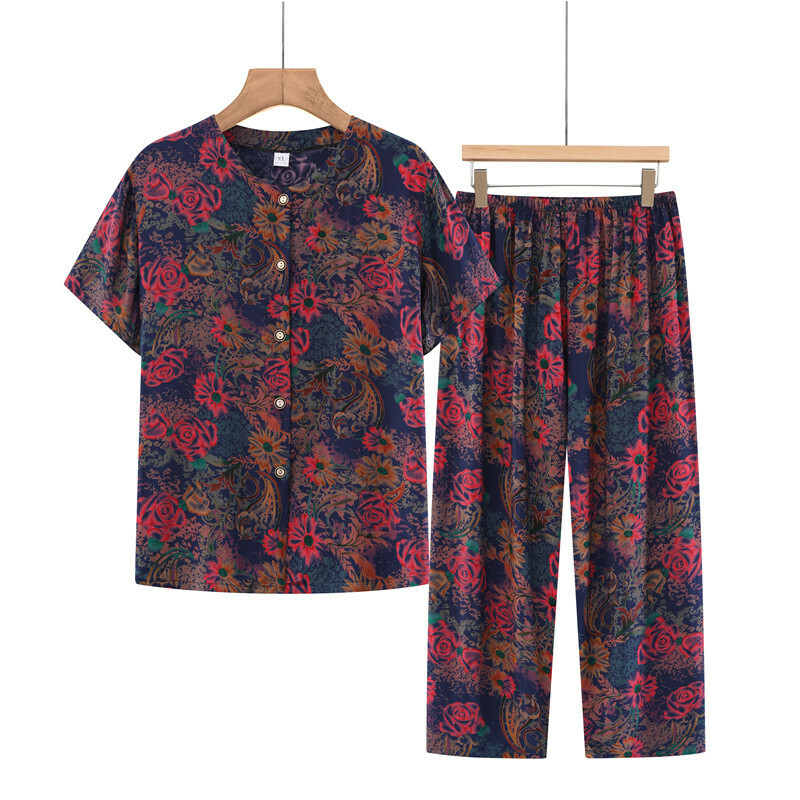 Middle-aged and elderly mom short sleeve suit (XL-4XL blue rose) [Please contact customer service to confirm the shipping size after placing an order]