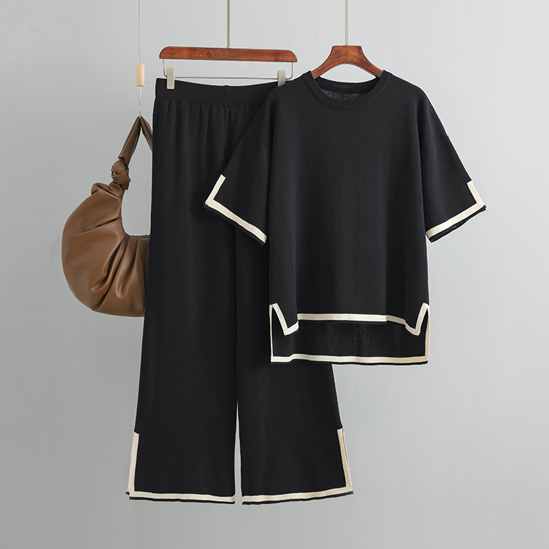 Temperament slit short sleeve knit suit (one size top + pants black)