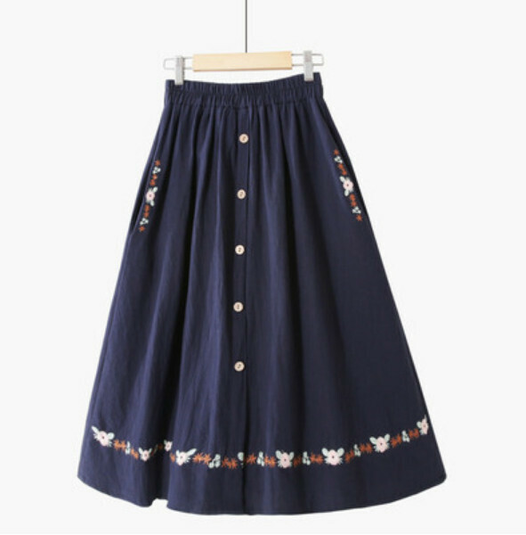 Single-breasted cotton and linen skirt (navy blue [small flower embroidery pocket] 1719# average size elastic waist)