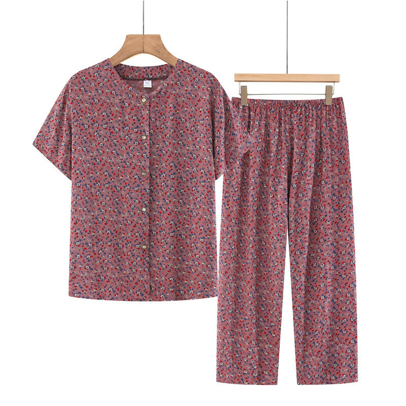 Middle-aged and elderly mothers short sleeve set (XL-4XL size red flowers) [After placing an order, please contact customer service to confirm the shipping size]
